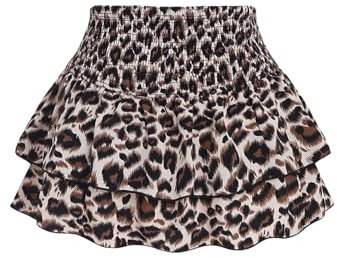 GORGLITTER Damen Kurz Leoparden Rock Mit Rüschen - Mehrschichtiger Partyrock Mit Hoher Taille - Freizeitrock Casual Braun M