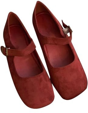 Women's Suede Mary Jane Round Toe Ballet Shoes Casual Inside Raising Shoes Women's Pumps Glitter, red, 2/2.5 UK