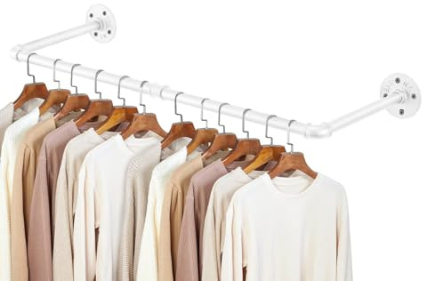 JF HOME BLISS Wall Mounted Clothes Rail Small Garment Bar Towel Holder Industrial Pipe Hanging Rack Vintage Retro Retail Detachable H Wardrobe Rail for Bedroom (White 1pc, 80cm)