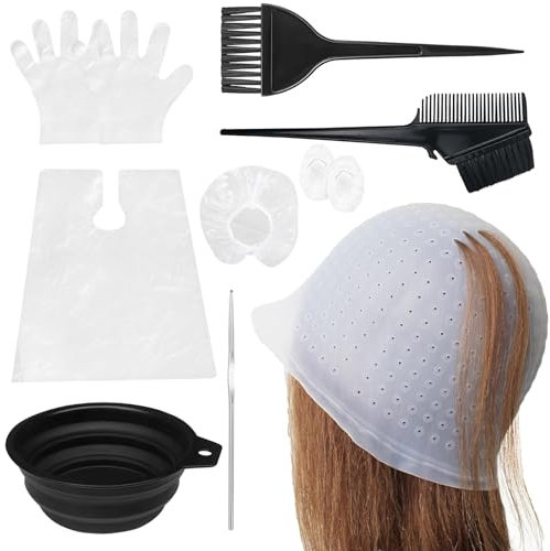7 Pezzi Kit de Strumenti per Colorare Capelli,Riutilizzabile Strumento di Capelli Colore Kit con Uncinetto e Spazzola Cappello,Silicone Tintura Cappuccio per Meches Colorazione