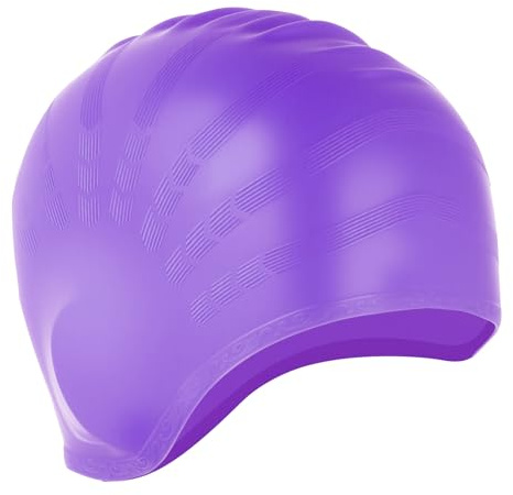 Swim Caps with 3D Ear Protection, Waterproof Swimming Hat Fits Long & Short Hair Silicone Anti-Slip Swimming Cap Lightweight Bathing Caps for Women Men Adult & Youth (Purple)