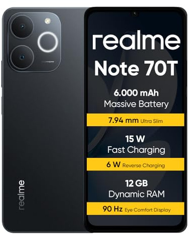 realme Note 70T Smartphone 4+256 GB, Batteria da 6.000 mAh, Ricarica rapida da 15 W con carica inversa da 6 W, 24 GB di RAM dinamica, Display con comfort visivo da 90 Hz, Black