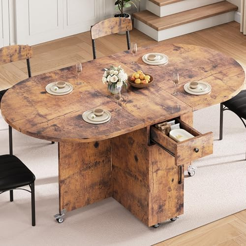 Jocoevol Folding Dining Table for 6, Space Saving Drop Leaf Kitchen Table with Storage Drawer, 6 Wheels Oval Gateleg Foldable Dining Table for Small Spaces (Vintage, 51 x 31.5 x 30)