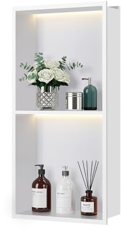 FTL Nicho de Pared para Ducha con LED Blanco 30×60x10 cm, Nicho de Baño Empotrado de Acero Inoxidable con Luz LED Blanco Cálido 3000K, Estante de Ducha con Iluminación, Instalación sin Azulejos
