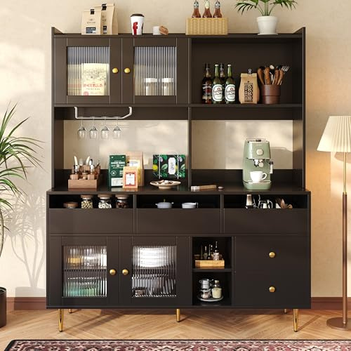 BTM Tall Cabinet with Doors & Shelves Freestanding Kitchen Cupboard with Wine Rack, LED for Dining Room, Restaurant Black