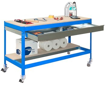 Simon Rack Mesa de Trabajo Taller, Capacidad Carga 120 kg, 917x1510x760 mm, Incluye Ruedas, 1 Cajón, Azul/Madera - BT0