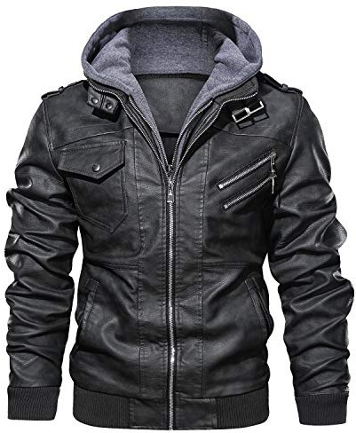 JYG Men's Faux Leather Jacket Stand Collar Motorcycle Bomber Jackets with Removable Hood (Black,L)