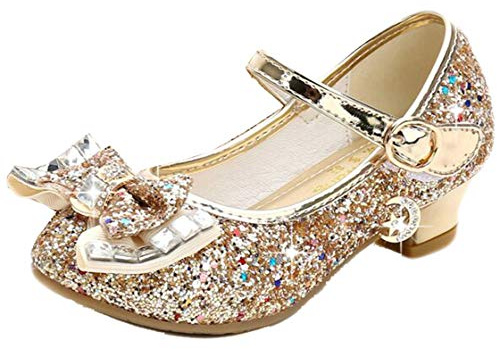 mama stadt Prinsesskor för flickor, glitterskor för barn, högklackade skor, paljetter, cosplayskor, för fester, bröllop, kardborreband, sandaler, eleganta flickskor med klack, Guld, 27 EU