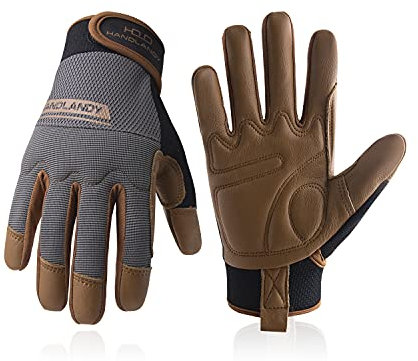 HANDLANDY Leather Work Gloves for Men & Women, Utility Safety Work Gloves, Mechanic Driver Gardening Gloves with Cowhide Palm (M, Brown)