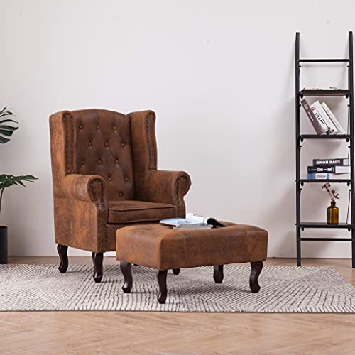 ZQQLVOO Chesterfield - Poltrona e poggiapiedi marrone effetto camoscio, poltrona lounge per TV, sedia relax da scrivania, per camera da letto, soggiorno, studio, ufficio