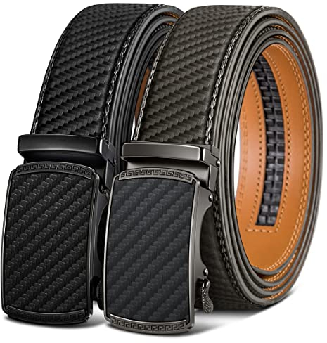KEMISANT Gürtel Herren 2er, Gürtel Ratsche Automatikschließe Ledergürtel für Herren Verstellbar 35mm Breit mit Geschenkbox(Schwarz/Heiliges Grau-115cm/32-38 taille verstellbar)
