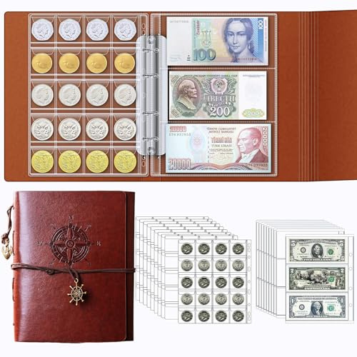 Ettonsun Album da collezione per collezionisti, album per collezionisti di monete con 200 tasche e 30 custodie per carte e banconote, custodia per tutti i materiali da collezione (Brwon)