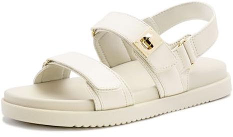 FITORY Women's Flat Sandals Classic Adjustable Double Strap with Cushioned Footbed for Summer Size 8 White