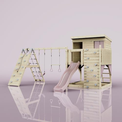 PolarPlay Spielturm Aksel aus Holz in Rosa Trapezstange