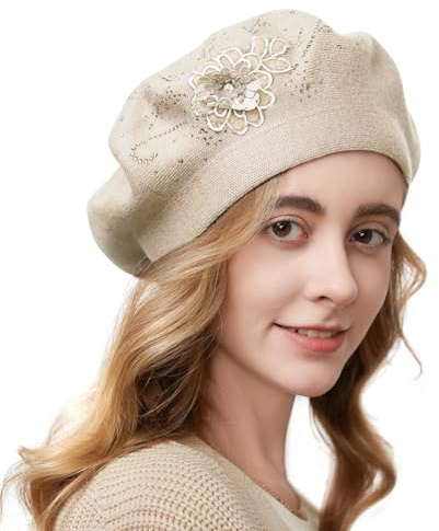 Flower Embroidery Beret Hat for Women, French Style Knitted Berets Hats, Stylish Solid Color Beret Cap for Women Girls Lady Beige