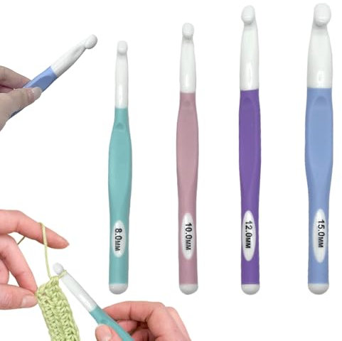 Vordpe 4 Stück Häkelnadel Set, Häkelnadel Set Mit Griff, Häkelnadel 8mm 10mm 12mm 15mm, Häkelnadel Set Ergonomisch, Bunte Häkelnadeln, Komfortgriff Häkelnadel für Dicke Wolle