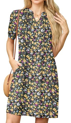 GRECERELLE Womens Dresses Summer Casual Short Sleeve V Neck Shift Dress for Women Ladies T Shirt Dress with Pockets (Black with Yellow Flower, XXL)