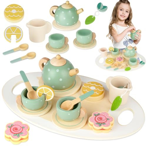 HOTUT Kids Wooden Toy Tea Set,Wood Kids Tea Sets for Girls with Wooden Play Food and Tray,Wooden Tea Set for Toddlers,Tea Party Set for Children,Pretend Play Kids Toy Tea Set for 3 4 5 6 Years Old