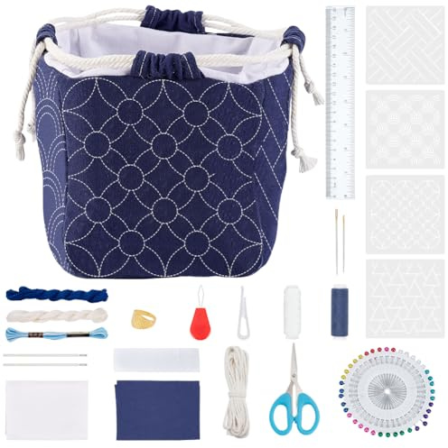 FREEBLOSS Set de bolsas Sashiko para principiantes, decoración del hogar y regalos para la creación de bolsos Sashiko con plantilla de PET