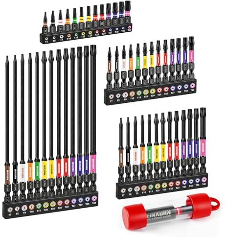 Geinxurn Impact Torx Screwdriver Bits Set, 52Pcs Magnetic(T7-T40) S2 Steel 1”/2”/3”/6” Long Extension Multi Star Driver Bits and 1Pc Bit Holder with Color Coded Base