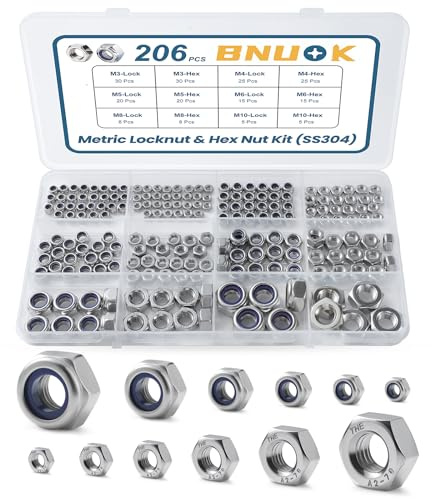 BNUOK 206PCS Metric Locknuts and Hex Nuts Assortment Kit, M3 M4 M5 M6 M8 M10 Nylon Insert Lock Nuts Set, 304 Stainless Steel Hex Nut Nylock Nut