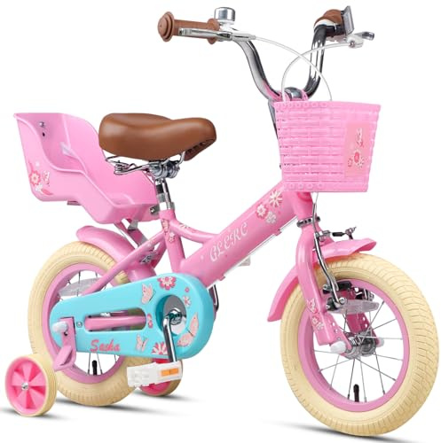 Glerc Cykel för flickor på 12 tum för 2–3 4 år gamla flickor med stödhjul, dockstol och korg, rosa