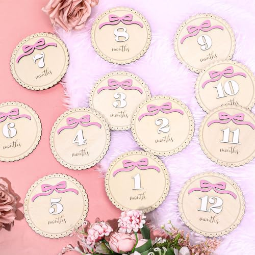 FYSUIMU 12 st rosa rosett baby månatliga milstolpe-kort rosett trä markörskivor månad tillkännagivande skylt för graviditet nyfödd bebis tillväxt foto rekvisita dekor tillbehör