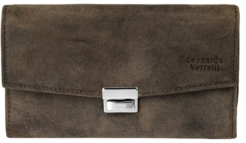 LEONARDO VERRELLI Portafoglio da cameriere in pelle bovina, 17 x 10,5 x 4,3 cm, con 5 scomparti per banconote, scomparti per monete, carte di credito e scomparto esterno, chiusura a incastro