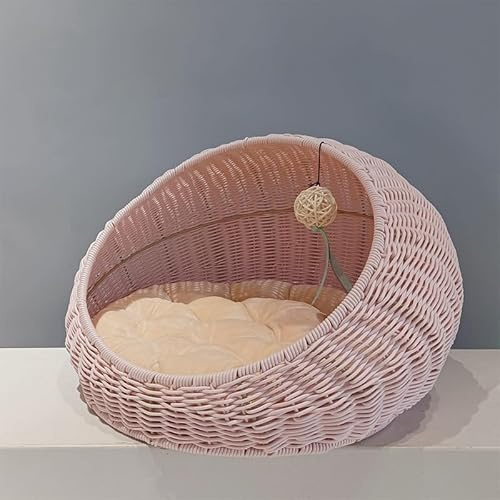 Wicker Cat House Handwoven Semi-Closed Cat House Rattan, Willow Basket with Pillows Large: 50cm Oval Cozy Cat Cave