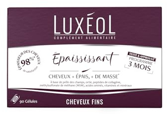 LUXEOL - Complément Alimentaire Epaississant - Cheveux + Epais* - À Base de plantes, peptides de collagène, MSM, acides aminés, Vitamines & Minéraux - Fabriqué en France - 90 gélules (= 90 jours)