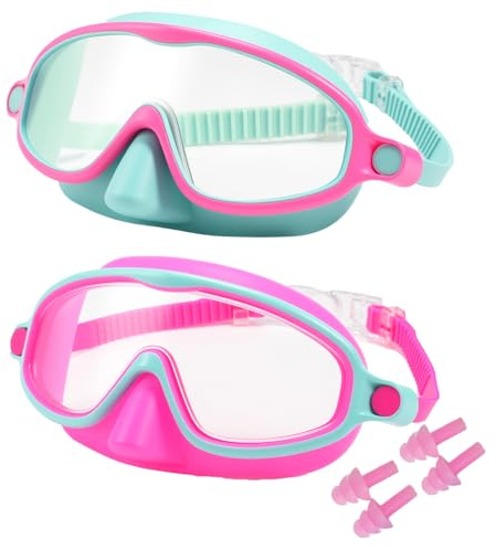 MKEOIEAU 2 Pack Kids Swimming Goggles with Nose Cover, Anti-Fog UV Protection Wide View Adjustable Swim Goggles for Boys Girls Youth 3-15