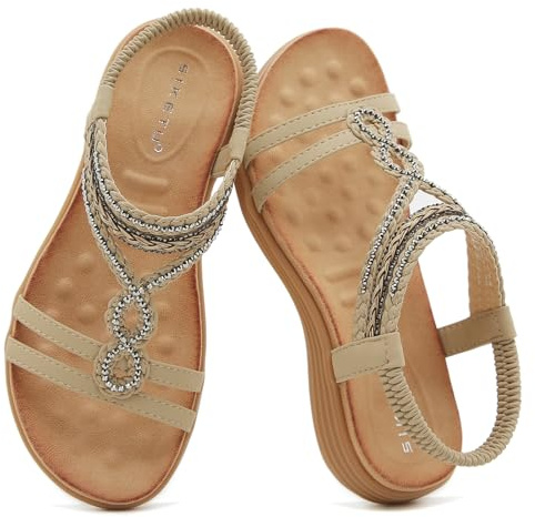 Acfoda Womens Sandals Summer Flat Bohemian Sandals Ladies Size 4-8 UK | Comfortable,Casual,Arch Support,Slip-on Beach Shoes,Elastic Ankle Strap