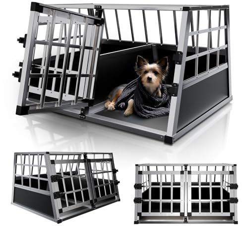Juskys Alu Hundetransportbox L-X - 89x70x51 cm - Auto Hundebox robust & pflegeleicht - Gittertüren verschließbar - Aluminium Reisebox für Hunde