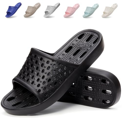 Xomiboe Shower Shoes Men Women, Quick Dry Slippers For Bathroom Black EU44