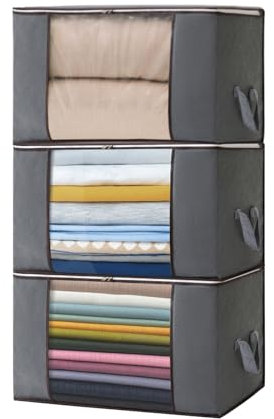 Boic 3 Pack 90L Clothes Storage Bags, Large Capacity Storage Boxes With Lids, Foldable Storage Bags With Zips For Toys, Clothing, Bedding, Blankets