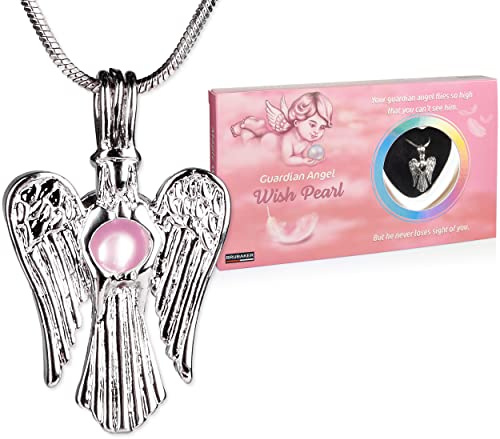 Brubaker Perlina del Desiderio Guardian Angel - Collana con Ciondolo Angelo in Argento + Conchiglia con Perla Vera come Set Regalo di Gioielli - Perla dei Desideri