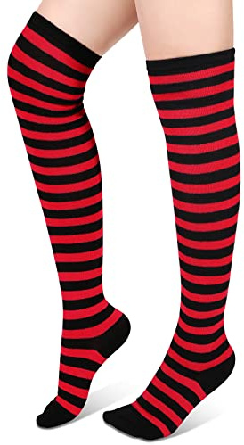 Blulu Chaussettes Hautes Longues Rayées (Noir-Rouge, Fines Rayures)