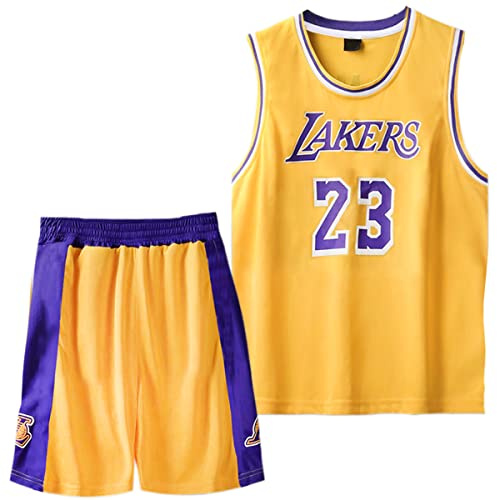 Kit da basket per bambini e ragazzi, 2 pezzi, senza maniche, con maglia e pantaloncini, Giallo, 8-10 Anni