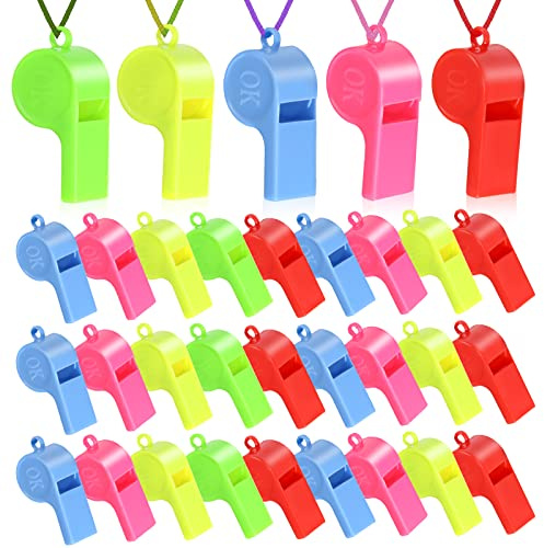 Sifflet Enfant, 72 Pièces Sifflets en Plastique Colorés Sifflets de Sport en Plastique avec Cordon, Sifflets Colorés pour Enfants Sifflet de Sport avec Cordon pour Sports et Jeux