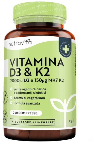 Vitamina D3 K2 - Vit D3 2000 UI + 150µg Vitamina K - Formula Ottimale: Supporta il Sistema Immunitario, le Ossa, i Denti, e i Muscoli - 240 Piccole Compresse Vegetariane - Nutravita