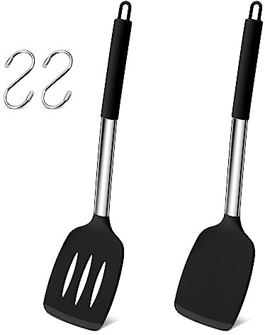 Herogo Silicone Spatula Turner, 2 Pcs Stainless Steel Cooking Spatula with S Hooks for Egg, Fish, Pancake, Meat, Non Stick Kitchen Utensils for Baking, Heat Resistant & Dishwasher Safe, Black