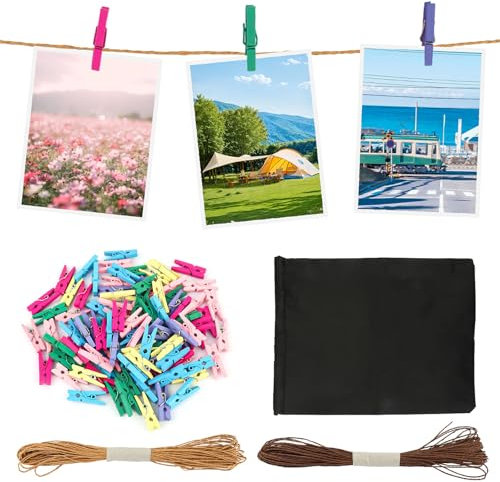 100 Stück Wäscheklammern Holz, Holzklammern Klein mit Fotoseil und Aufbewahrungstasche, 2,5cm Mini Wäscheklammern, Holz Kleine Wäscheklammern zum Aufhängen von Fotos und Kleidung