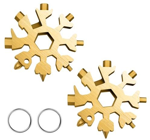 Trimming Shop 18 in 1 Gold Snowflake Multi-Tool with Keychain - Flat and Phillips Screwdriver, Allen Wrench, Bottle Opener, Key Hole - Travel Camp Adventure Gadget Gift Tool for Men (2pcs)