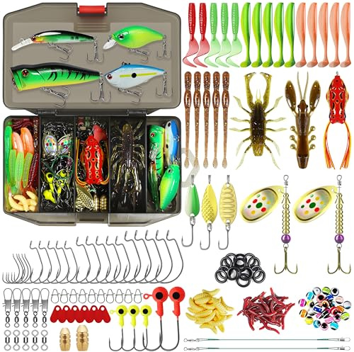 TRUSCEND 110 PCS Señuelos de Pesca Ampliamente Utilizados, Señuelos de Pesca Seleccionados y Kits de Pesca de Agua Dulce, Set de Pesca Económico para Principiantes, Regalo de Pesca
