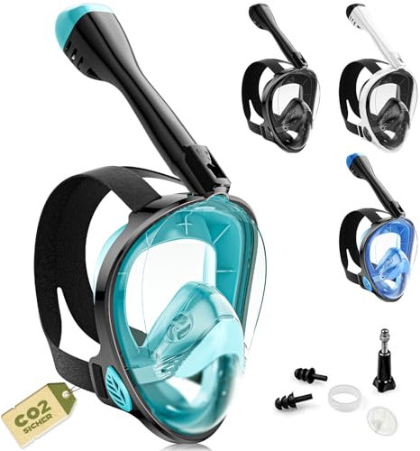 Schnorchelmaske Erwachsene Vollgesichtsmaske – CO₂ sicher Wasserdicht & Beschlagfrei Tauchmaske mit Kamera Halterung – Tauchermaske mit Tragetasche & Ohrstöpsel(grün, S-M)