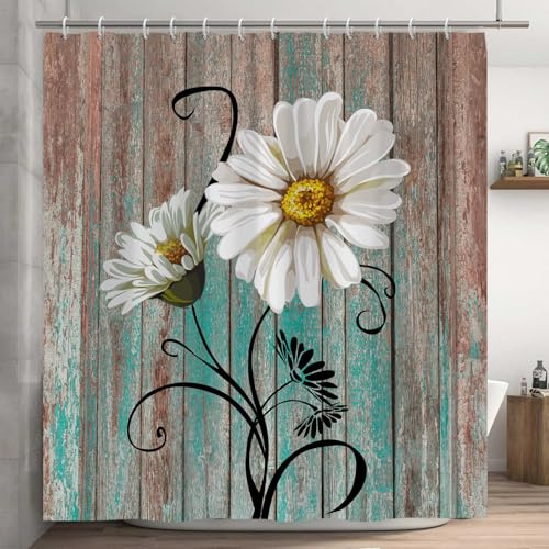 Ttincceer Flor Cortina de Ducha Margarita Blanca tablón rústico Cortina de baño Campo Granja de Madera Cortina de baño Tela Resistente al Agua Cortina de bañera con Gancho 180x180cm
