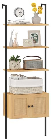 COSTWAY 5-stöckiges Leiterregal Bücherregal, Wandregal mit Schrank, Kippschutz-Kits und Metallrahmen, offenes Aufbewahrungsregal für Wohnzimmer, und Home Office (Natur,60 x 31 x 184 cm)