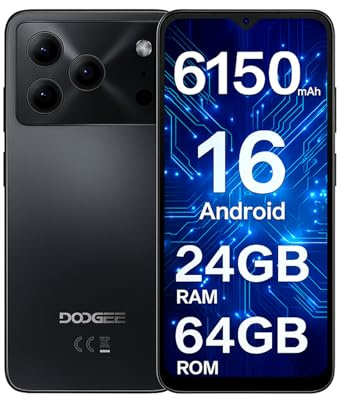 DOOGEE Note 56 SIM-Free & Unlocked Mobile Phones 2025 - Android 16, 6150mAh Battery Phone, 6.56 90Hz Display Smartphone, 24GB+64GB/2TB, 3.5mm Headphone Jack, 4G Dual Sim/Face Unlock/GPS/5G WiFi-Black