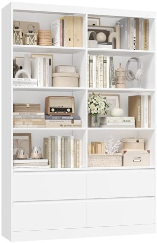 FirFurd Libreria Scaffale 180 cm,Grande libreria Alta, Libreria Verticale in legno, divisorio per Ambienti,con 4 cassetti e 8 scomparti, per Soggiorno, Ufficio, Cucina, 180 x 120 x 30 cm (Bianco)