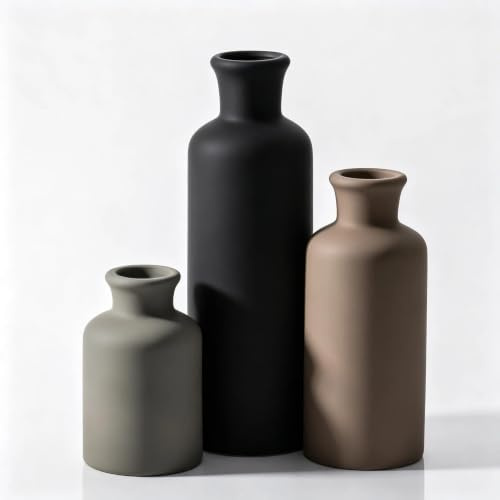 Modernt dekorativt vas-set, 3 delar, grå svart beige, matt keramik, minimalistisk cylindrisk form, vardagsrumsdekoration